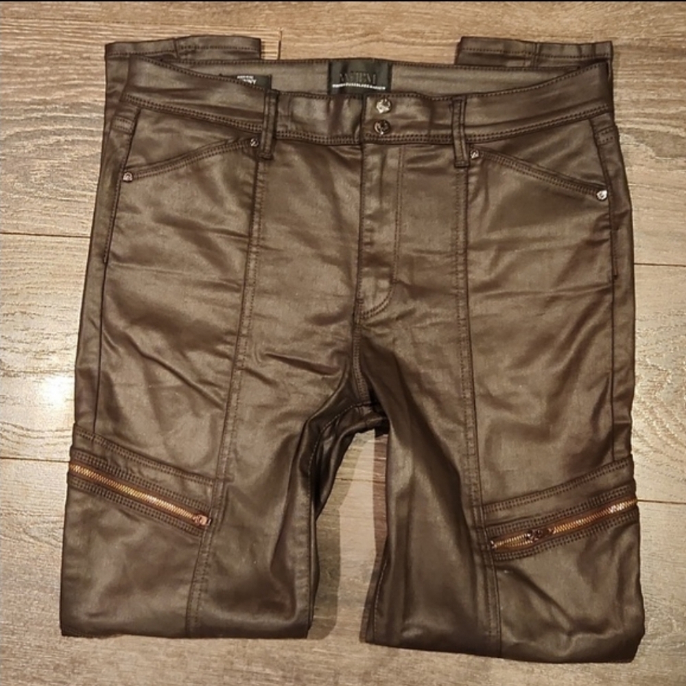 WHITE HOUSE BLACK MARKET HIGH RISE LEATHER LOOK COATED SKINNY MOTO JEANS
